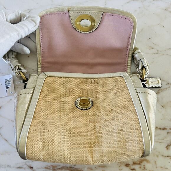 COACH Parker Straw Top Gold Leather Trim Top Handle Small Shoulder Bag - Picture 9 of 13